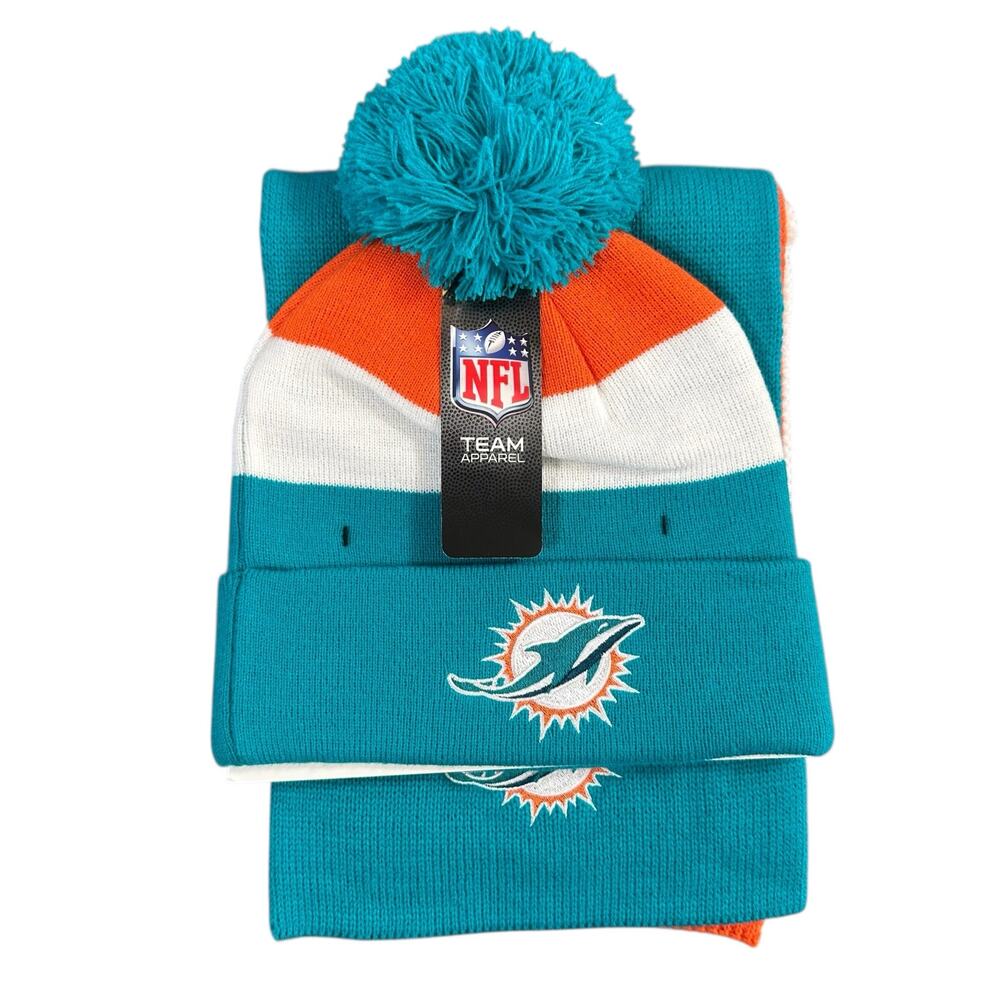 Miami Dolphins Men's NFL Stack‎ the box Beanie Hat with Pom and Scarf Set